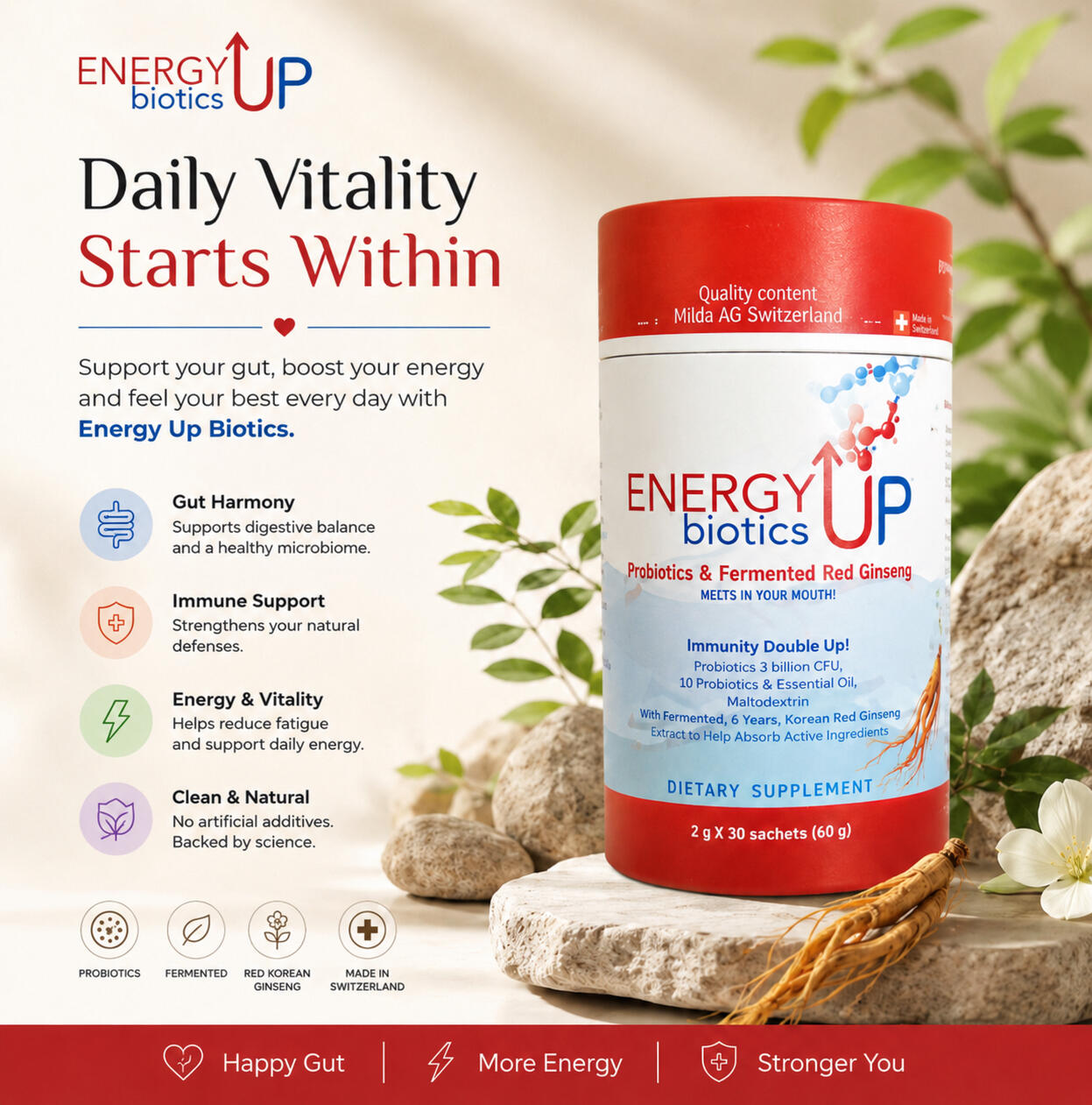 Probiotics & Red Korean Ginseng | Energy Up Biotics Supplement (150 sachets)