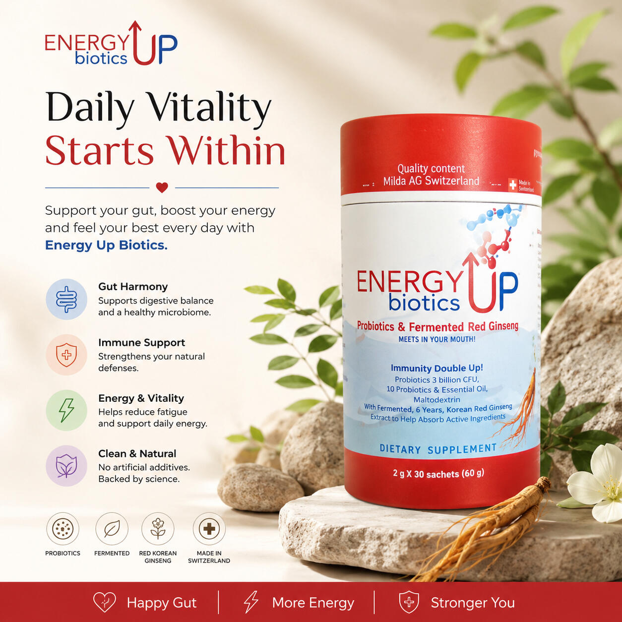 Probiotics & Red Korean Ginseng | Energy Up Biotics Supplement (150 sachets)